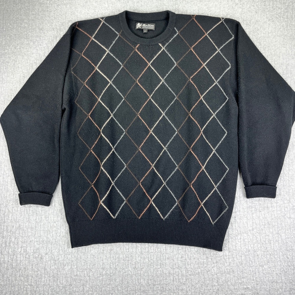 MacAlan Sweater Mens M Black Argyle 100% Pure Cashmere Made In Scotland